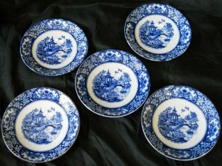 A Set Of 5 Saucers Antique / Vintage Blue & White Olde Alton Ware [swinnertons]