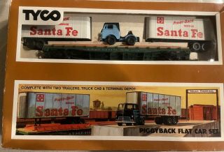 Tyco Piggyback Flat Car Set Ho Scale Santa Fe Train No.  348 - 500 Complete