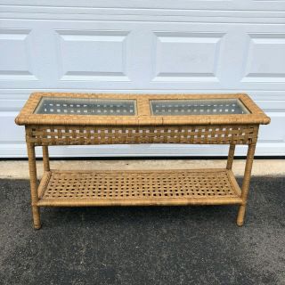 Vintage Woven Rattan And Glass Console Table With Storage Shelf