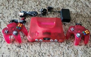 Nintendo 64 N64 Watermelon Red Console,  2 Controllers,  Hook Ups