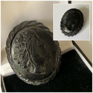 Victorian Antique Jewellery Large Whitby Jet Carved Cameo Brooch Pin (af)