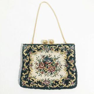 Vintage Magid Beaded Tapestry Handbag Purse Evening Bag Gold Frame Victorian