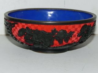 Vintage Black And Red Lacquer Cinnabar Bowl With Blue Enamel Interior Exc 5 Inch