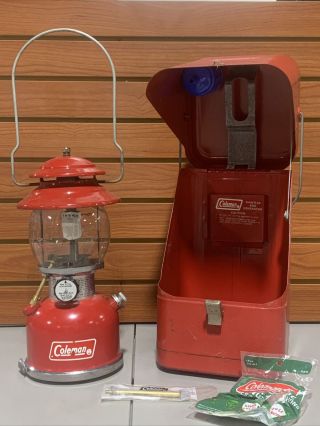 Vintage Red Coleman 200a Single Mantel Gas Lantern Dated 7/74 Usa With Case Box