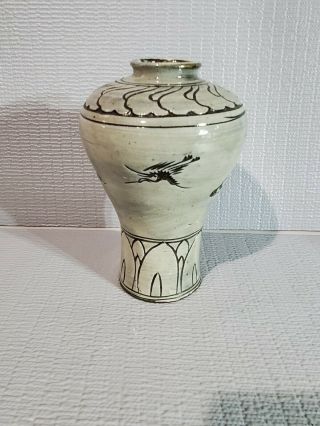 Antique Korean? Celadon Meiping Vase Crane Bird 7.  25  T