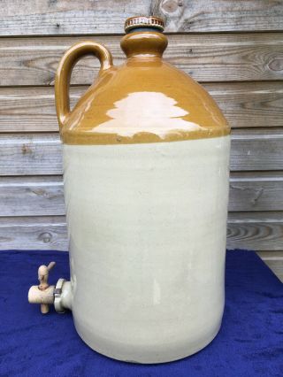Huge Antique 21 " Stoneware Salt Glazed Wine Spirit Flagon Wooden Tap 21ltr 4.  5ga