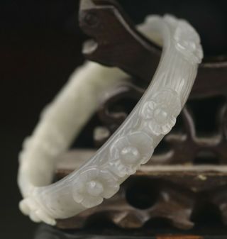 Old Natural Hetian White Jade Hand - Carved Flower Bracelet Bangle