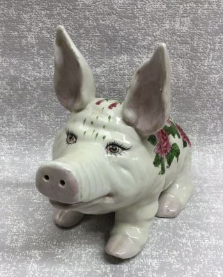 Vintage Antique Pottery Pig Possibly Wemyss Leaf & Pink Rose Design