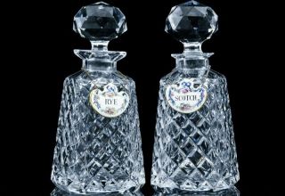 Excellnt Pair Vintage Cut Crystal Glass Liquor Decanters W Porcelain Bottle Tags