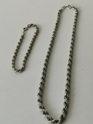 A Solid Silver Graduated Rope Chain Necklace With Matching Bracelet - 19g