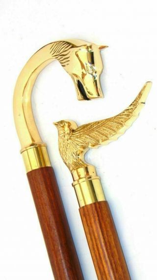 Vintage Set Of 2 Brass Bird & Wolf Style Handle Wooden Walking Stick Shaft Cane