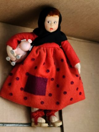 Antique Vintage Felt Cloth Lenci Style Doll Girl Holding Pig Red Polka - Dot Dress