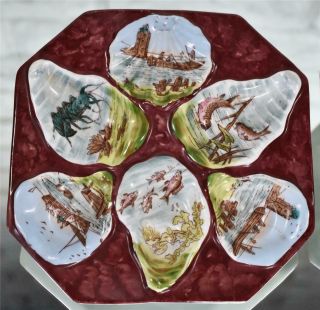 RARE Antique Austrian Porcelain Unusual Oyster Plates Pair Vintage Square 2