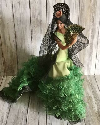 Stunning Vintage Marin Spanish Flamenco Doll In Green Dress Needs Tlc