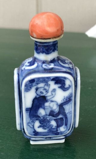 Antique Blue And White Glazed Porcelain Chinese Snuff Bottle Signed