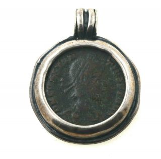 Silver Pendant With Ancient Roman Bronze Coin Constantius Ii
