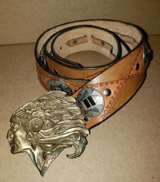 Vintage Leather Belt With Indian Head Belt Buckle 38.  5 " Long