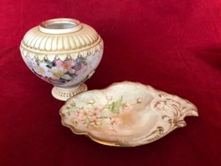 Fine Antique Royal Doulton Burslem Porcelain Hand Painted Vase & Dish.  C1890.
