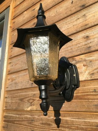 Vintage Exterior Amber Glass & Black Metal Wall Mount Lantern Lamp Light 1970s