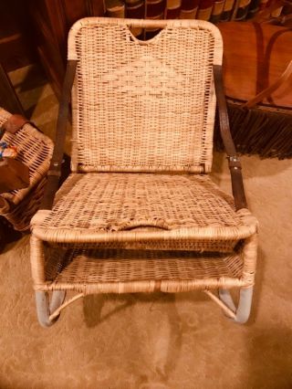 Vintage Canoe Wicker Leather Folding Seat Creel Fishing Chair Antique Rattan