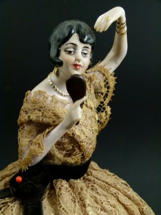Antique German Half Doll Art Deco Lady W/ Mirror Carl Schneider On Pin Cushion