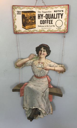 Antique J.  R.  Young “hy - Quality Coffee” Woman On Swing Sign Fabulous