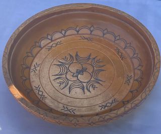 Vintage Antique Hand Carved Decorated Round Wooden Fruit Bowl Dish