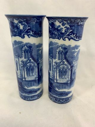 Vintage/antique George Jones Abbey Blue & White Printed Vases 7 " Tall