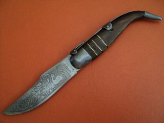 antique 1950s spanish toledo mudela folding navaja knife acid etched horn brass 6