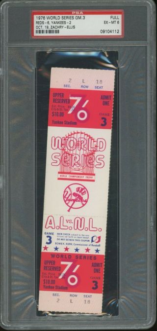 1976 World Series Game 3 Cininnati Reds Vs Ny Yankees Full Ticket Psa 6 Ex - Mt