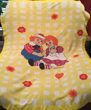 Vintage Raggedy Ann & Andy Blanket Yellow Waffle Weave Bobbs Merrill