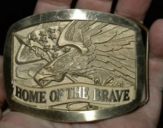 Vintage Solid Home Of The Brave Eagle Us Patriotic Solid Bronze Belt Buckle Rare