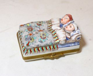 Antique Handmade Porcelain Limoges French Couple In Bed Brass Hinge Trinket Box