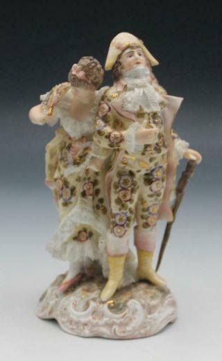 Antique German Dresden Lace Porcelain Figurine Courting Couple