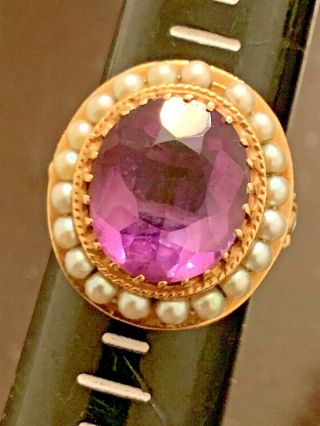 Antique 14k Yellow Gold Amethyst And Seed Pearls Ladies Ring,  7.  9 Grams Sz 7