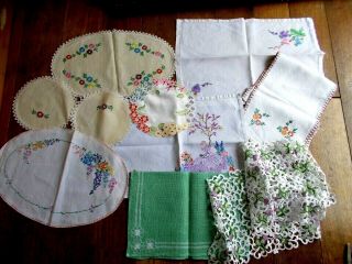 Bundle Of Antique & Vintage Embroidered Linen Doilies Tray Cloths Crinoline Lady