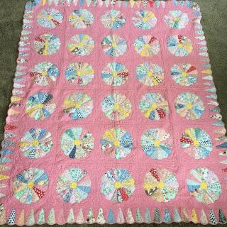 Vintage Pink Dresden Plate Handmade Quilt Top Scalloped Border Twin Size Blanket 2