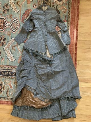 Antique 1870s Silk Brocade Three Peice Dress Ensemble With Fringe