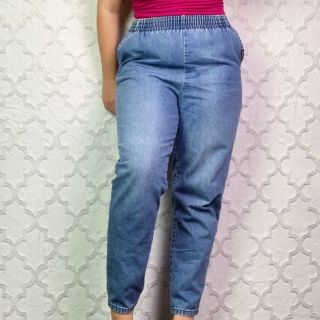 Vintage 90s Elastic Waist High Rise Straight Leg Light Wash Mom Jeans Size 12