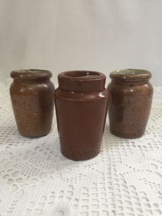 3 Lovely Antique Victorian Stoneware Jars Brown Glaze Rustic Country Style 3” Gc