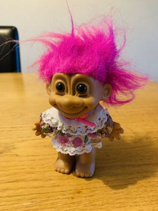 Vintage Russ - Troll Doll - Pink Hair Troll With Floral Dress