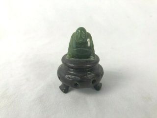 Chinese Hand Carved Nephrite Jade Miniature Humble Buddha On Wooden Stand