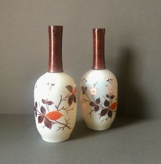 Pair Antique White Opaline Glass Vases With Floral Decoration,  One