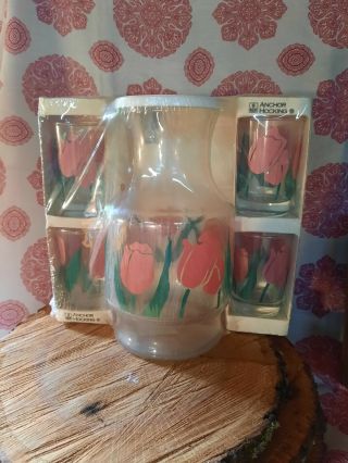 Vintage Anchor Hocking Tulip Juice Decanter Set - Displays Well With Pink Pyrex