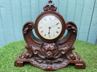 Stunning Mid 19thc Gothic Black Forest Wooden Oak Clock: Green Man Head C1850s