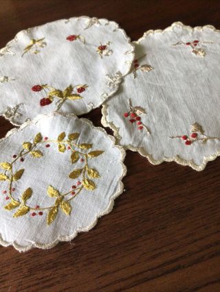 Three Antique Hand - Embroidered " Society Silk " Doilies - Silk Thread Red Berries