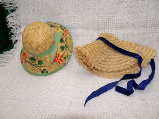 2 Vintage Straw And Horse Hair Material Doll Bonnet And Hat - Larger Doll