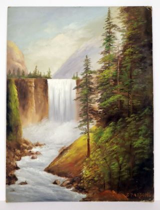Vintage Oil Painting Landscape Trees Waterfall River Summer Autumn