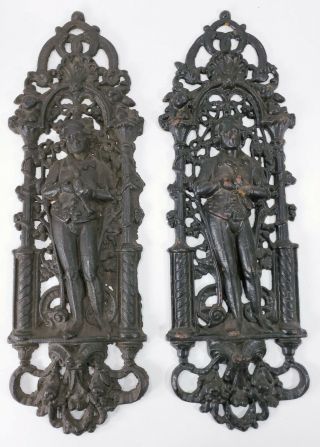 2 Antique Victorian Cast Iron Sculptural Figural Plaques 20 ",