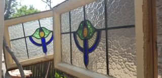 Two Matching Vintage Leaded Stained Glass Window Panes Framed 12” X 20”
